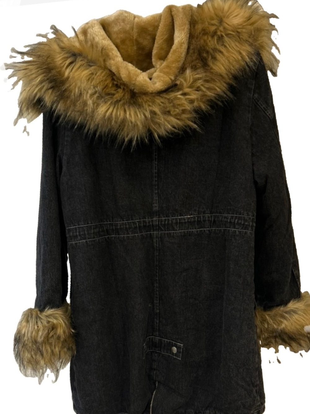 Denim by ASA Women’s Black Hooded Parka Coat Taupe Faux Fur Trim Size M - Picture 8 of 15